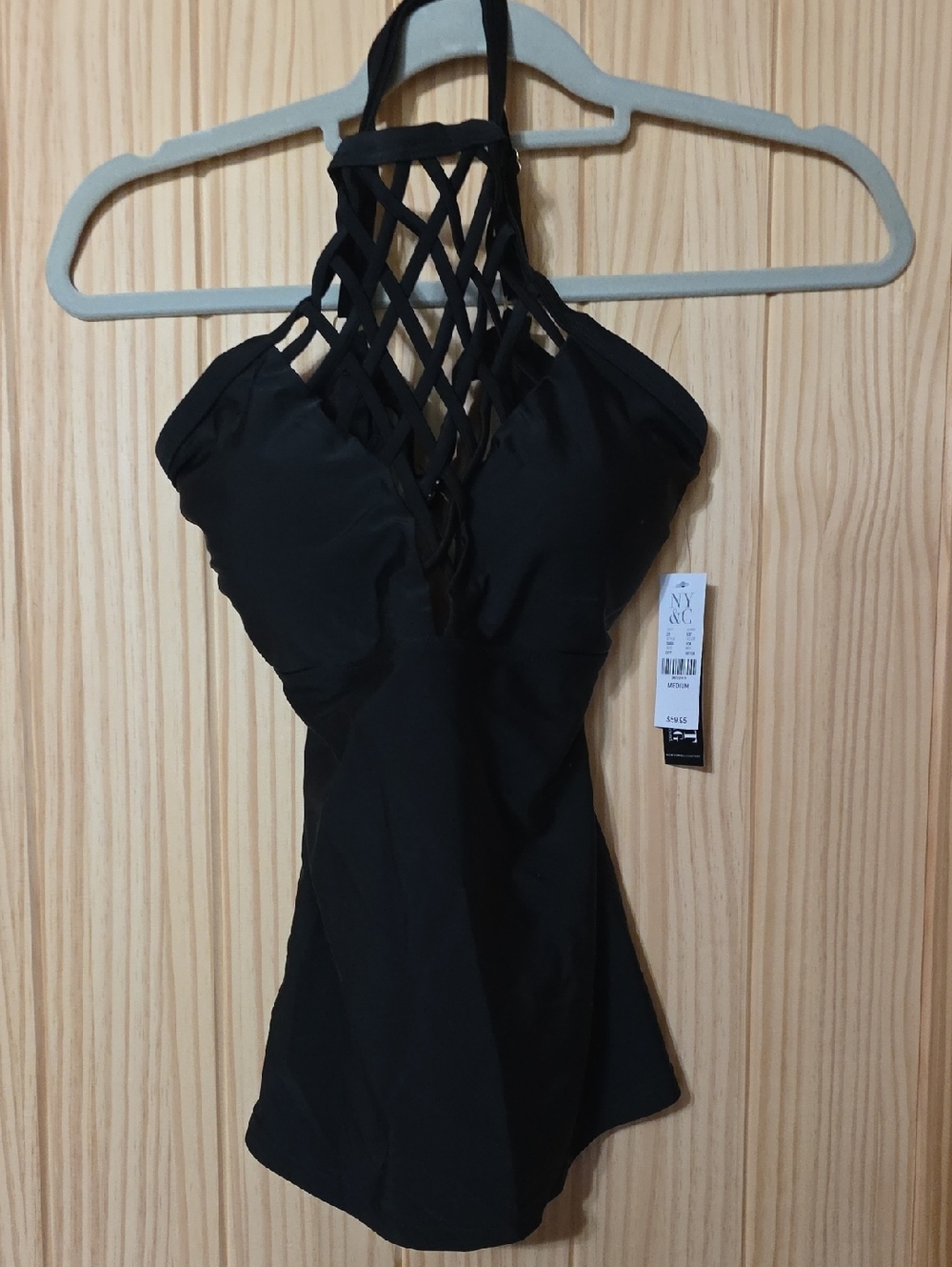 NY&C Black Tankini Bathing Suit Top with Lattice Neckline